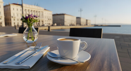 Italian espresso served at elegant Trieste street caf&eacute; with cityscape view
