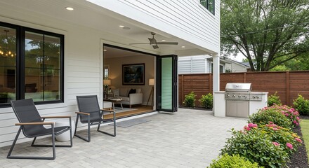 Modern outdoor patio with sleek furniture, stone pavers, outdoor kitchen area. Bi-fold doors open to a bright living room. White siding with black window trim.
