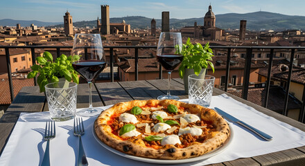 Tagliatelle al Rag&ugrave; with Bologna cityscape background and luxury dining setup
