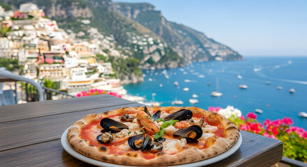 Seafood pizza with Amalfi Coast view and two wine glasses
