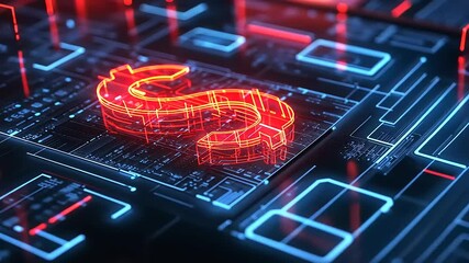 Neon dollar sign illuminated on a digital circuit board, symbolizing finance and technology innovation - Powered by Adobe