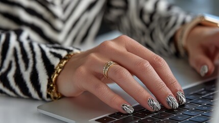 Obraz premium A close-up of a stylishly dressed woman typing on a laptop with zebra-patterned nails