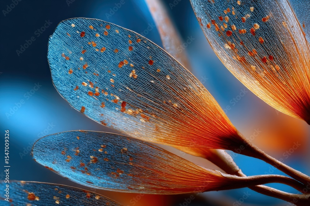 Aufkleber close-up of delicate transparent leaves with orange and blue spots on a branch illuminated in soft n