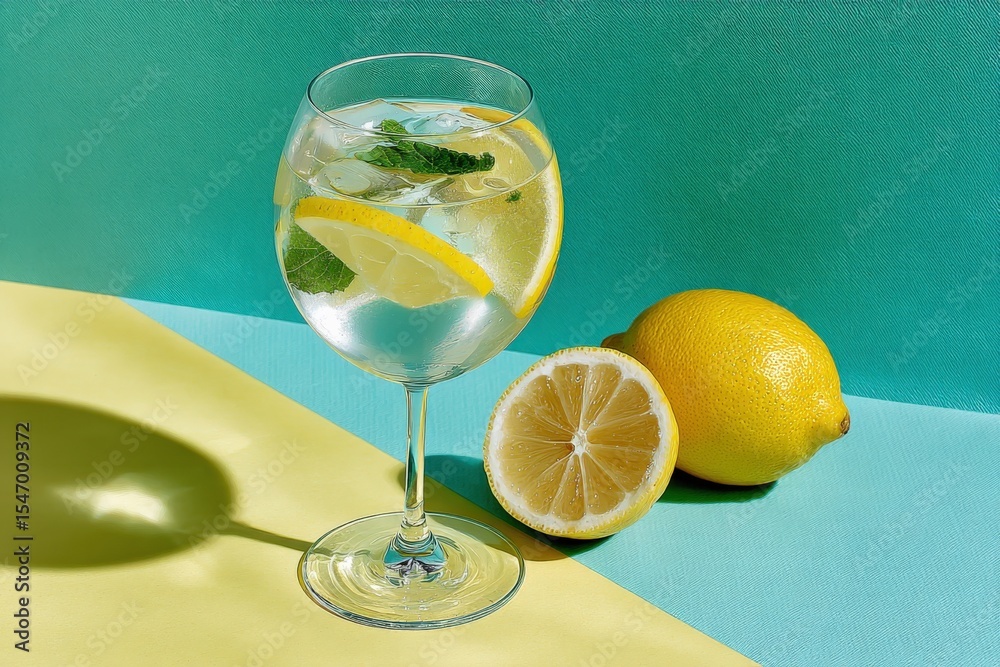 Poster refreshing lemonade with fresh lemon slices and mint in elegant glass on colorful background perfect