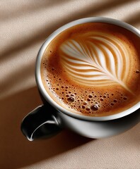 Hot cappuccino coffee with leaf latte art in black ceramic mug on silky beige fabric surface for breakfast or cafe scene