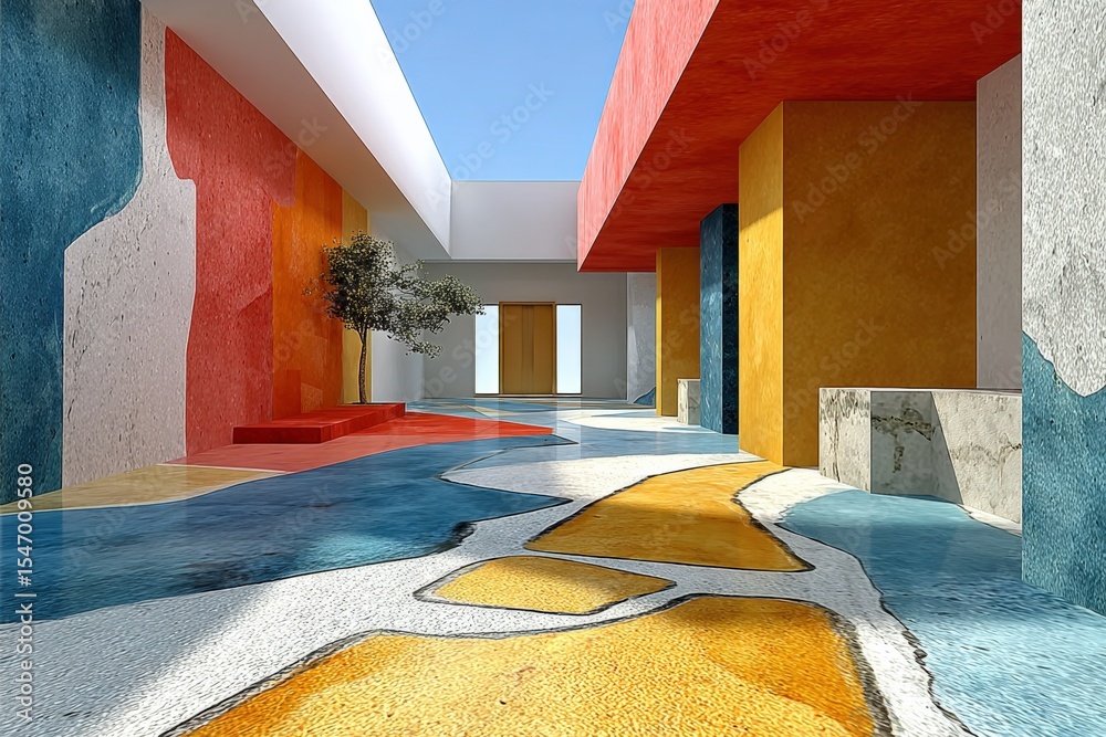 Poster modern colorful architectural corridor with vibrant painted walls and a curved walkway featu bold ge