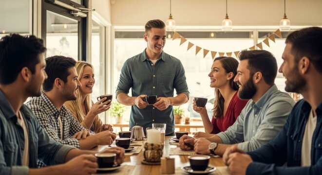 Friends enjoy coffee together at a bright cafe table setting