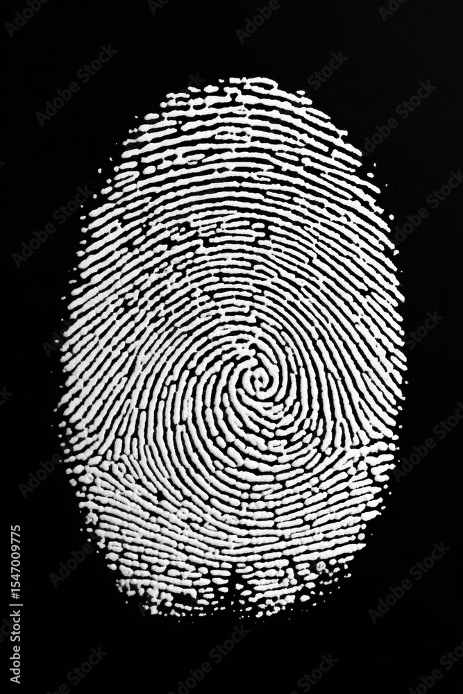 Poster Close-up of a white fingerprint on black background measu detailed ridge patterns and unique identification features in high resolution