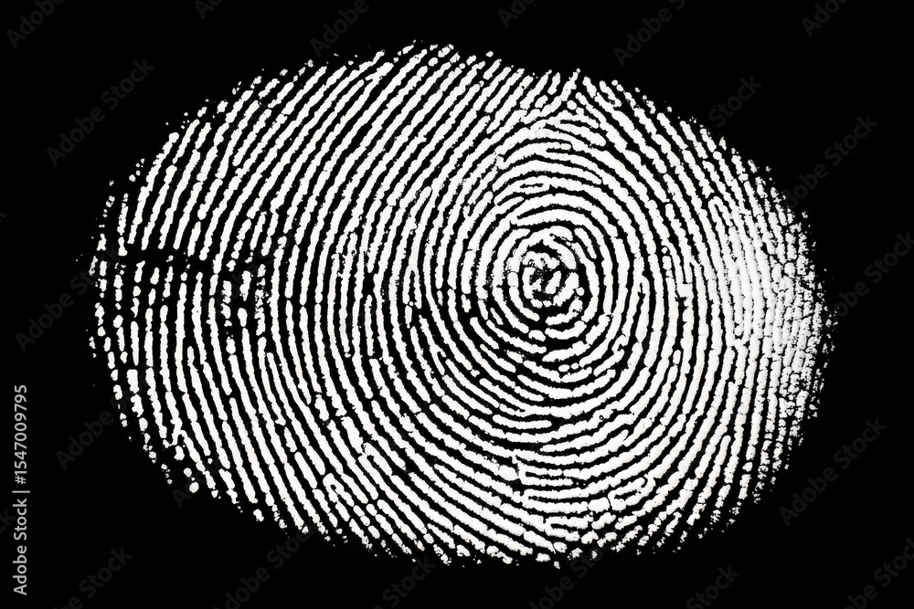 Poster Close-up of a detailed black and white fingerprint with intricate ridges and whorls on a dark background, highlighting biometric pattern analysis