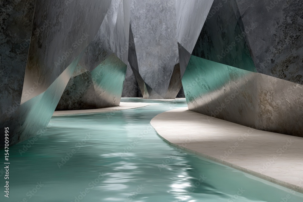 Poster abstract modern architectural water feature with concrete walls and turquoise water flowing through 