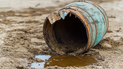 Rusty Barrel Lying on Dirt Ground with Puddle of Water Nearby