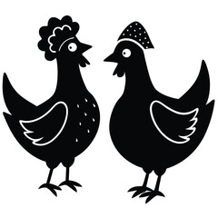 Rooster and Hen Silhouette: Farm Animal Duo