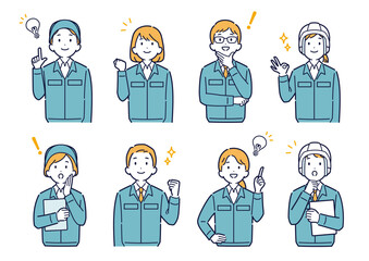 上を向いて明るい表情をする作業着姿の男女のイラストセット＿上半身