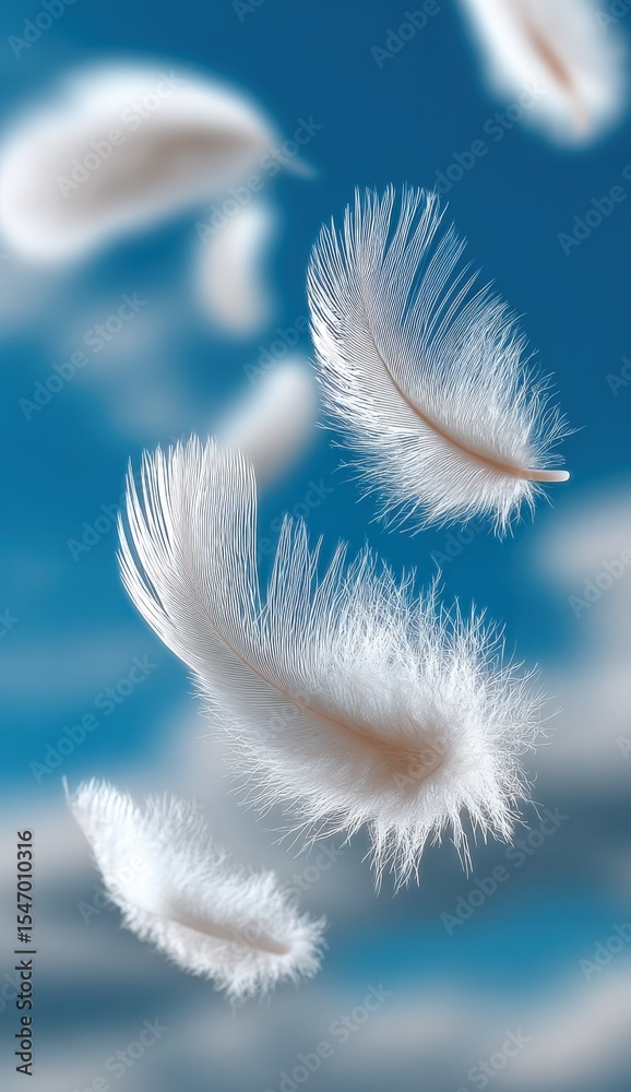 Poster delicate white feathers floating in midair against a vibrant blue sky background with soft light and