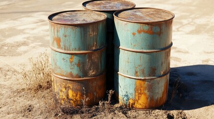 Fototapeta premium Rusty Drums in an Abandoned Industrial Area on a Sunny Day