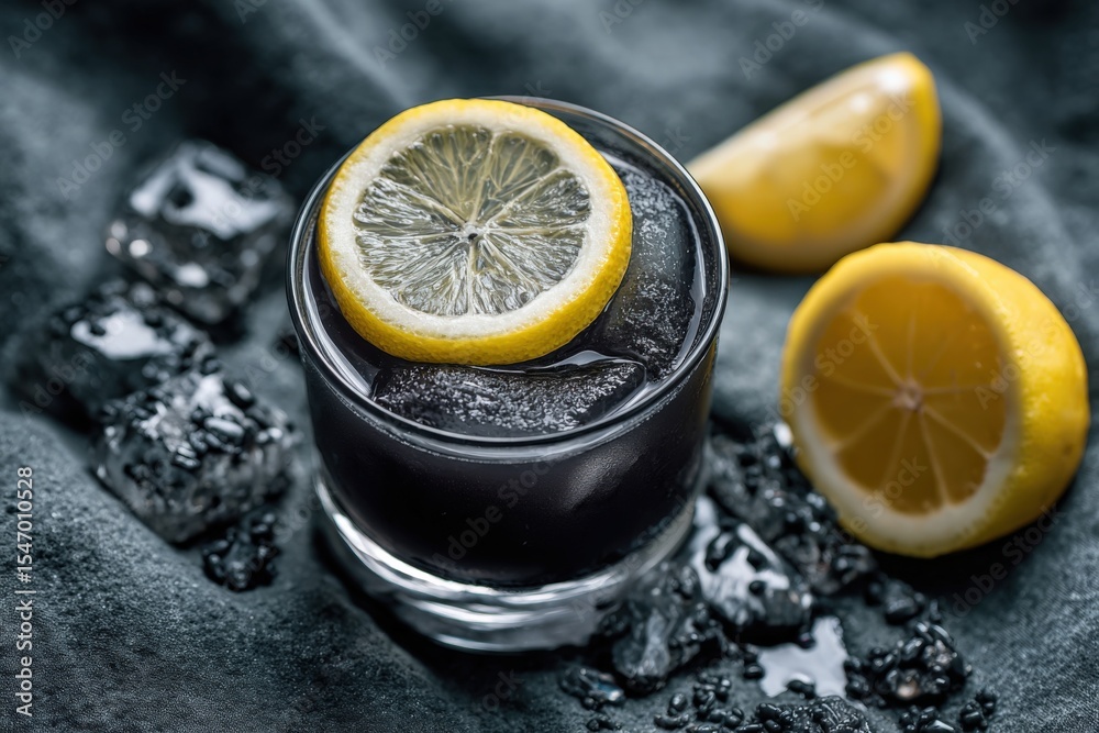 Poster Refreshing black lemonade drink with lemon slices in a glass served on dark textured surface with ice cubes and fresh lemon wedges