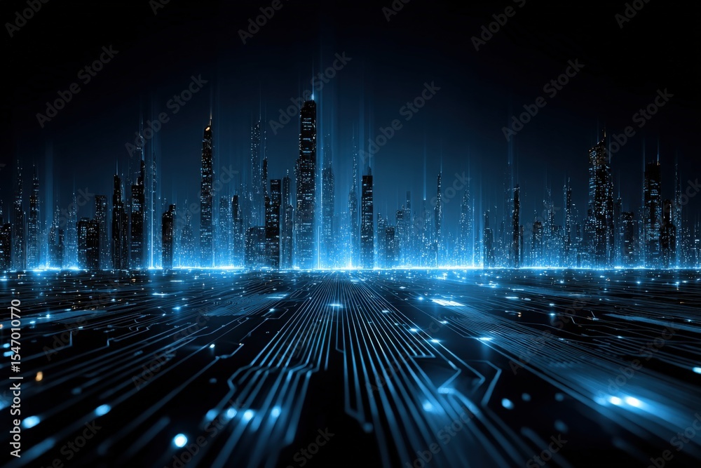 Poster futuristic digital cityscape with glowing skyscrapers and high-tech grid pattern representing advanc