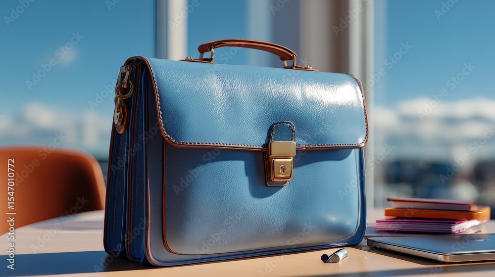 Poster elegant blue leather briefcase with brass lock on a modern office desk with a blurred cityscape back