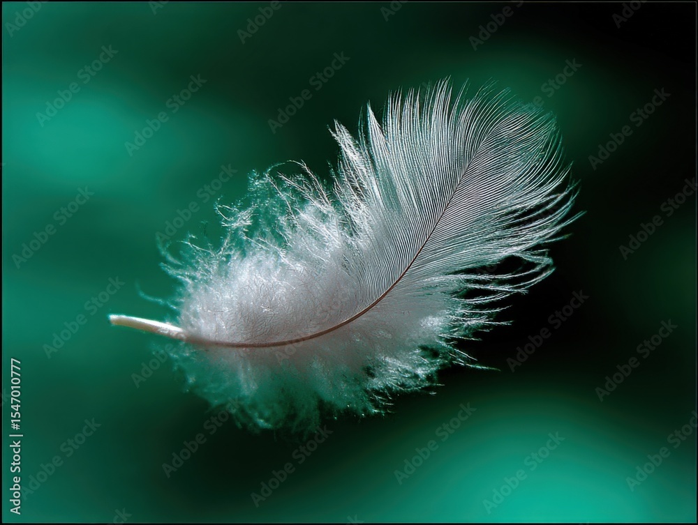 Poster close-up of a delicate white feather floating on a smooth green surface with soft lighting and fine 