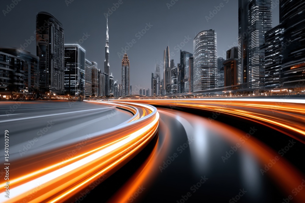 Aufkleber modern futuristic cityscape at night with illuminated skyscrapers and dynamic light trails on busy u