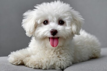 Obraz premium Adorable small white fluffy dog lying on gray background with playful expression and tongue out, cute pet puppy with soft fur and bright eyes