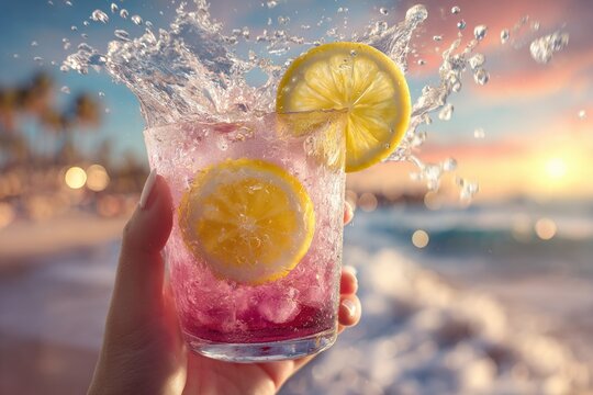 Refreshing pink lemonade drink with slices of lemon in a glass splashing with water at sunset by the beach du summer vacation