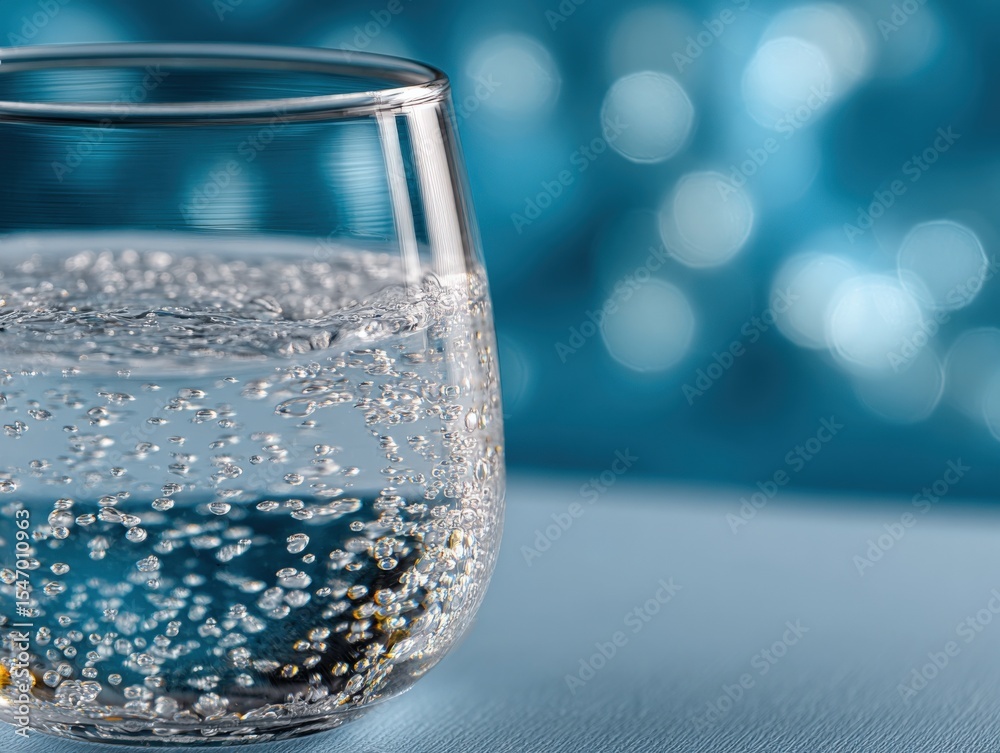 Poster close-up of a transparent glass filled with sparkling carbonated water with bubbles rising against a