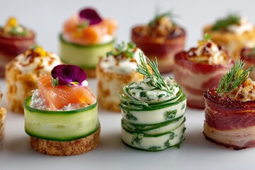 Assorted gourmet appetizers with smoked salmon cucumber cups herbal cream cheese bacon-wrapped bites and colorful garnishes on white background