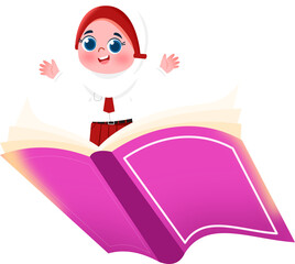 Animated Girl in Hijab Flying on a Giant Open Book, Education Concept.