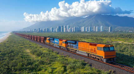 A vibrant freight train traverses lush coastal terrain on a clear day, with mountains.