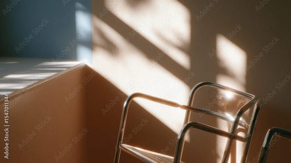 Poster natural sunlight casting shadows on an empty modern chair and paper box in a bright minimalistic roo