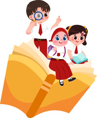 Animated students on a giant book, exploring knowledge with a magnifying glass, wearing school uniforms.
