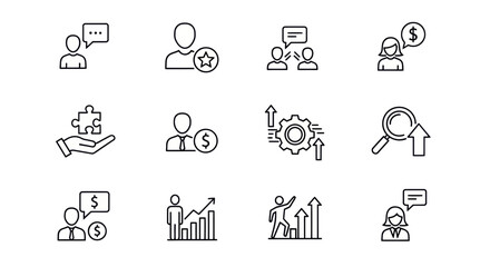 Business Pictogram Set: A set of pictogram presents line art icons for business themes. From team, staff, strategy and goals.