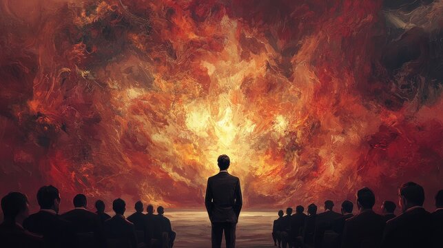 A solitary figure addresses a large assembled crowd.