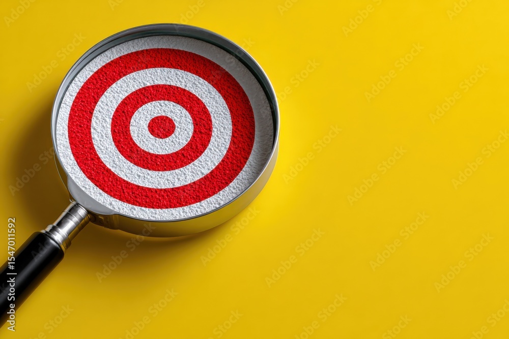 Poster close-up of a magnifying glass with a detailed red and white symbol on a yellow background for focus