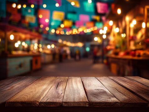 Hispanic heritage month. Wooden table top on blurred mexican colorfull background