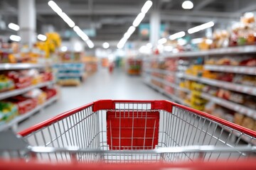 Wide-angle shot of an empty grocery store aisle with a red shopping cart in foreground showing shelves filled with colorful products and bright overhead lighting