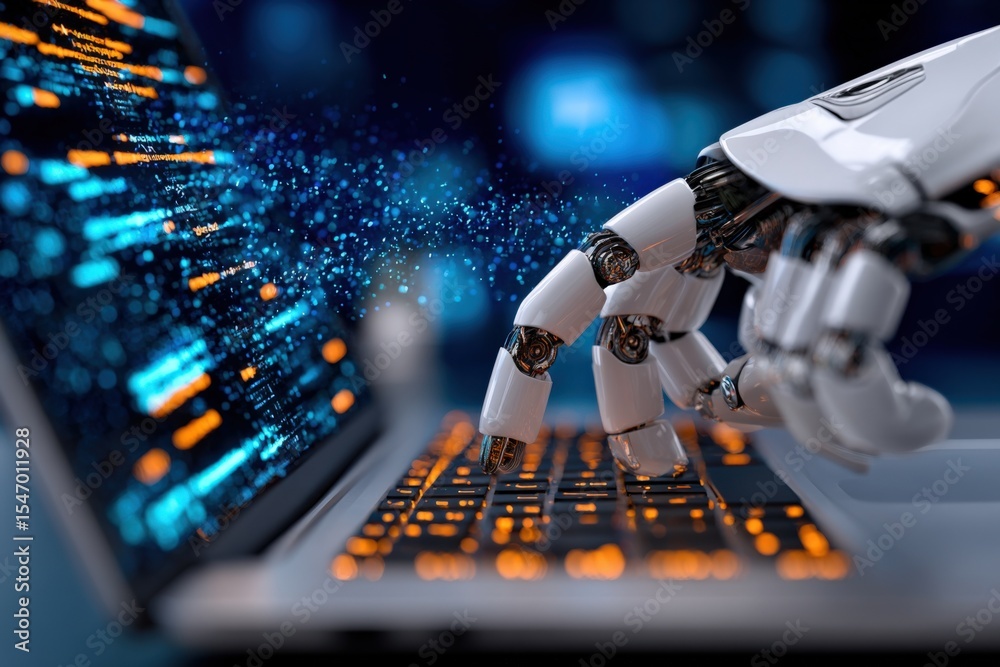 Aufkleber advanced robotic hand typing on keyboard with digital data streams and glowing interface in futurist