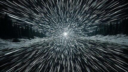 Radial lines of light converging on a central point, through a snowy landscape.