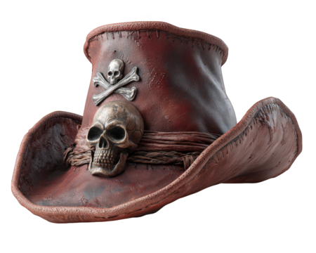 Worn brown leather pirate hat with skull and crossbones emblem, featuring detailed textures and rugged, vintage look that evokes adventurous and rebellious spirit