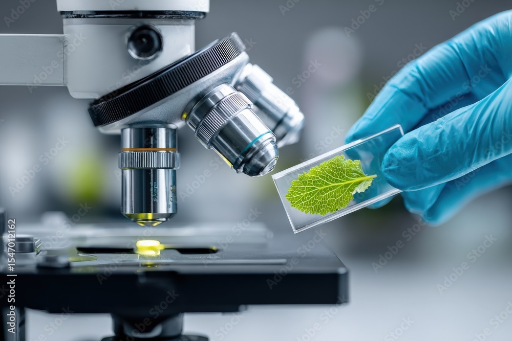 Poster High-Resolution Laboratory Research Scene Showing Scientist Handling Plant Leaf Sample Under Microscope in Scientific Laboratory Environment