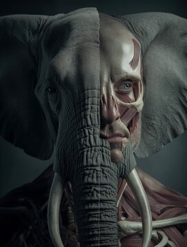 A surreal blend of a man and elephant, one side of the face revealing human anatomy while the other side morphs into elephant skin and features.