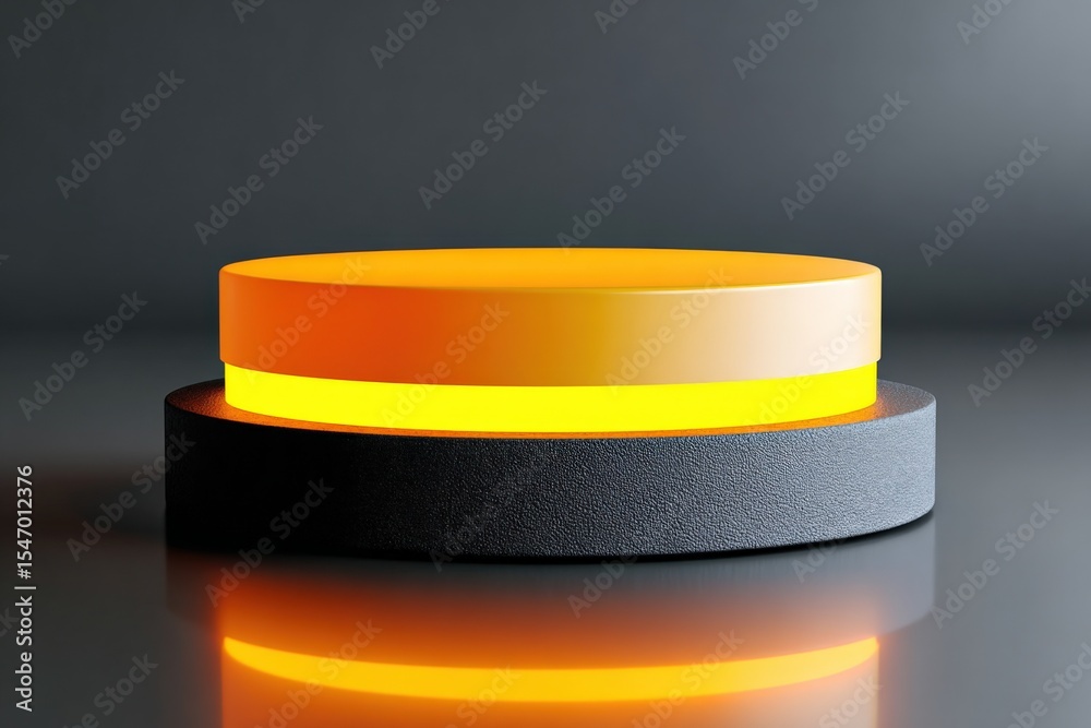Poster Modern circular stage with illuminated yellow glow and black textured base for presentations and performances in a professional setting