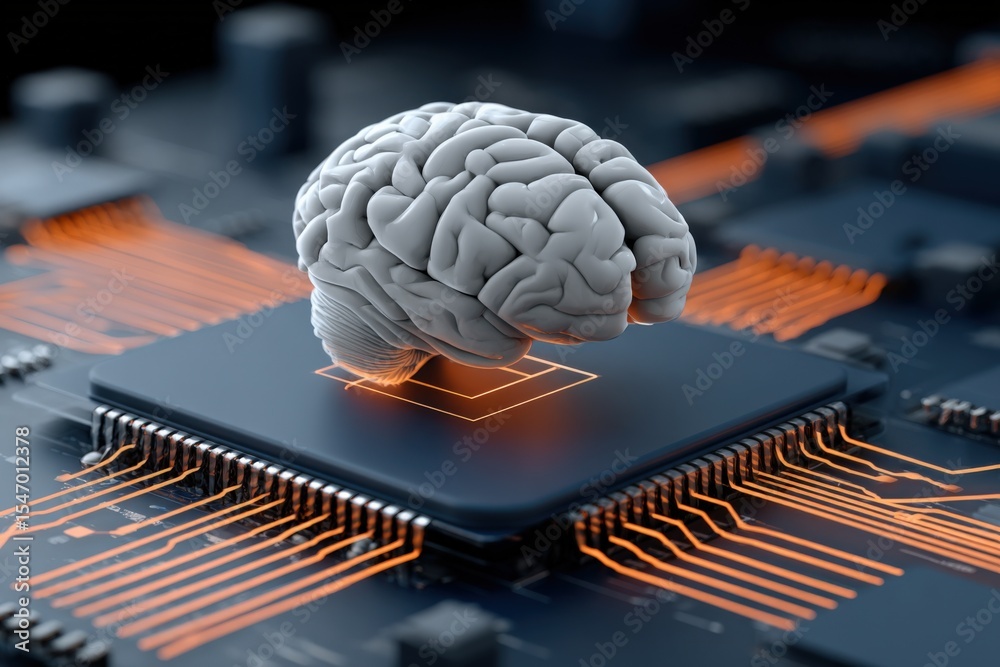Aufkleber advanced artificial ligence computing brain chip on circuit board for technology innovation and digi