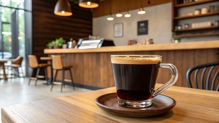 Americano specialty concept A coffee cup sits on a wooden table in a cozy café interior with warm lighting.
