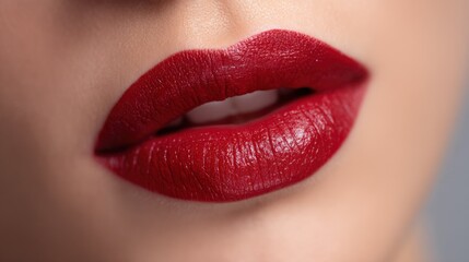 Close-up of woman's lips with bold red lipstick and smooth skin, emphasizing beauty, makeup, and feminine elegance in portrait photography