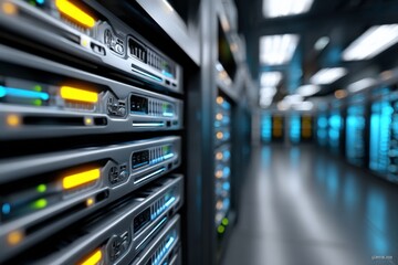 Modern data center server racks with blinking status lights and cooling systems in a high-tech server room environment