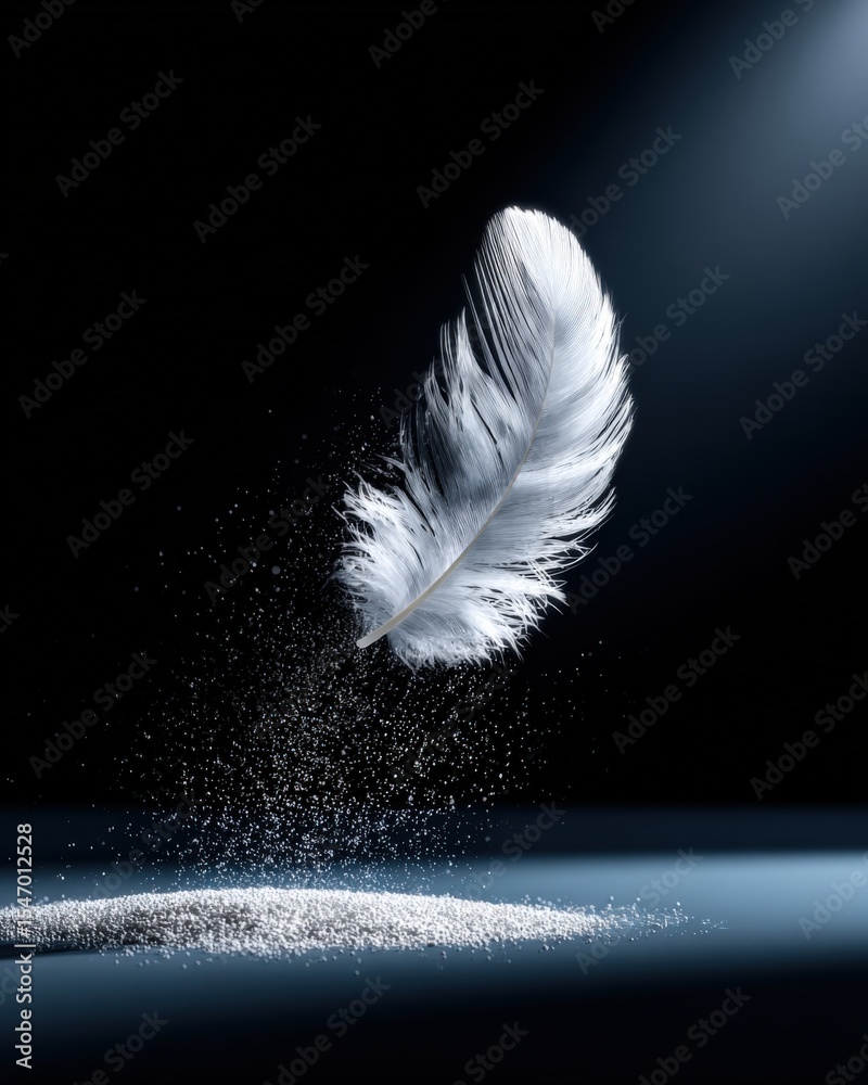 Poster Close-up of a delicate white feather falling through the air against a dark background with soft lighting and floating dust particles
