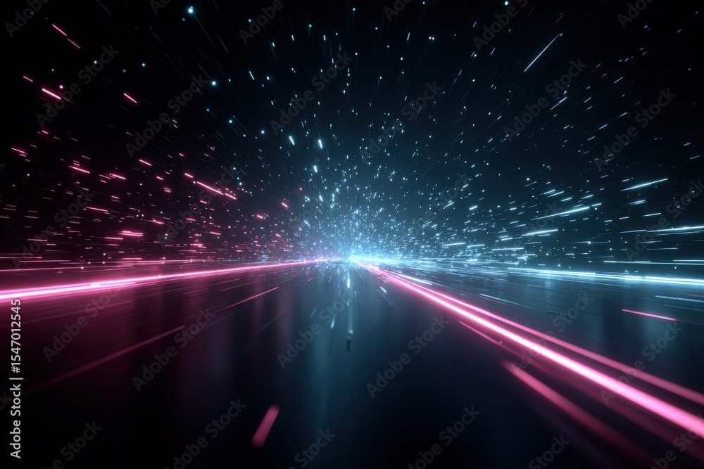 Poster Futuristic digital landscape with vibrant neon light trails and sparkling star-like particles on dark background creating a sci-fi cyberpunk atmosphere