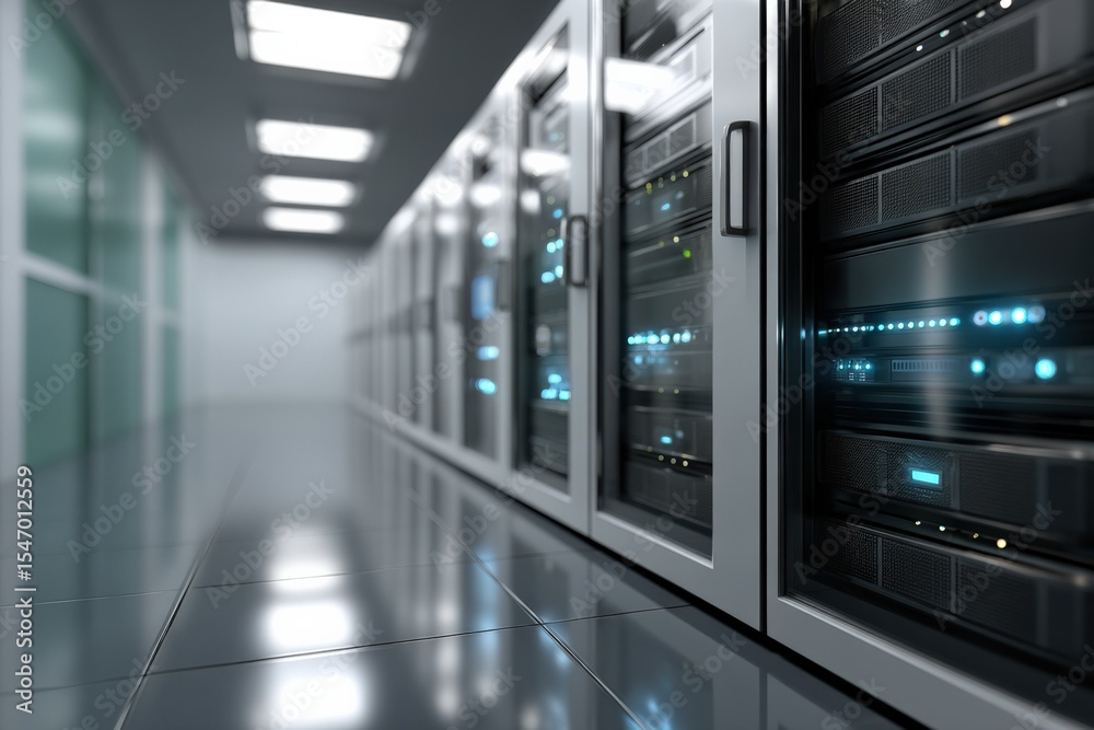Poster modern data center server racks with glowing led indicators and cooled airflow in an advanced inform